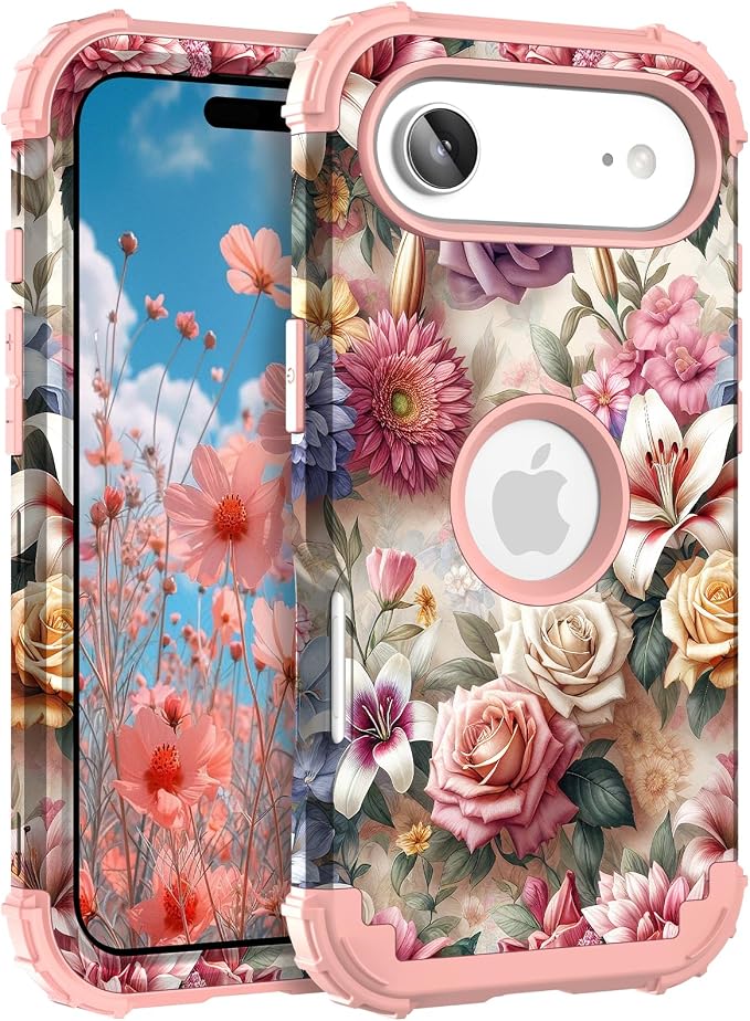 Hocase for iPhone Air Case 6.5", Heavy Duty Shockproof Protection Soft Silicone Rubber+Hard Plastic Bumpers Hybrid Protective Case for iPhone Air 2025 - Rose Flowers