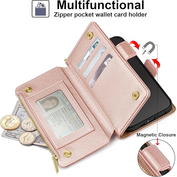Antsturdy Compatible with iPhone 14 Wallet Case RFID Blocking,PU Leather Phone Case Women Men Flip Shockproof Cover with Wrist Strap Zipper Pocket Credit Card Holder Slots,for Apple 14 6.1" Rose Gold