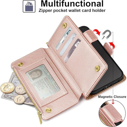 Antsturdy Compatible with iPhone 14 Wallet Case RFID Blocking,PU Leather Phone Case Women Men Flip Shockproof Cover with Wrist Strap Zipper Pocket Credit Card Holder Slots,for Apple 14 6.1" Rose Gold