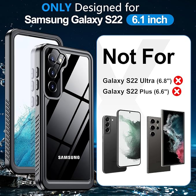 MOZOTER for Samsung Galaxy S22 Case Waterproof,[IPX8 Underwater Case][Full Body Shockproof & Military Dropproof] Clear Sound Quality Built-in Screen Protector for Samsung S22 6.1 inch-Black