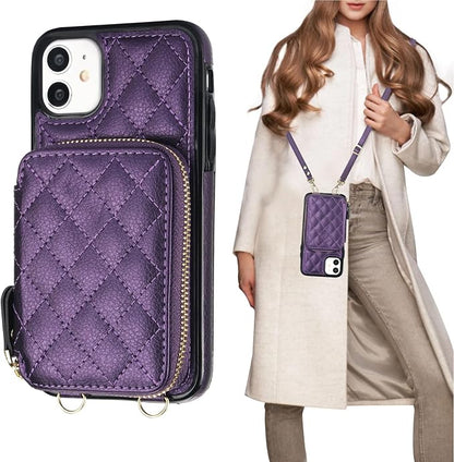 Bocasal Crossbody Wallet Case for iPhone 11, RFID Blocking PU Leather Zipper Handbag Purse Flip Cover, Kickstand Folio Case with Card Slots Holder Wrist Strap Lanyard 6.1 Inch (Dark Purple)