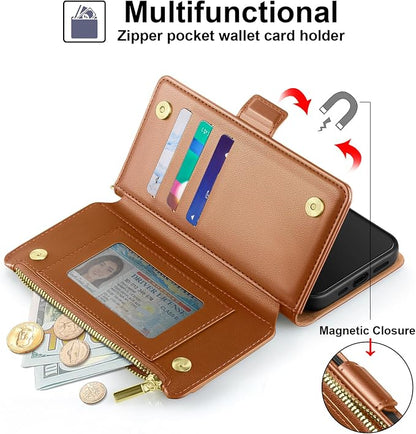 Antsturdy Compatible with iPhone 14 Wallet Case RFID Blocking,PU Leather Phone Case Women Men Flip Shockproof Cover with Wrist Strap Zipper pocket Credit Card Holder Slots,for Apple 14 6.1"Light Brown