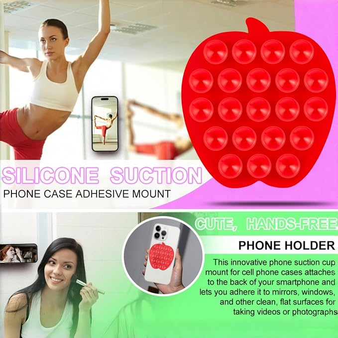 CIEO Silicone Phone Grip, 21 Suction Cups, Suitable for Selfies and Videos on Mirrors, bathrooms and Smooth Surfaces, Compatible with iPhone, Samsung(Apple Shaped, Red)