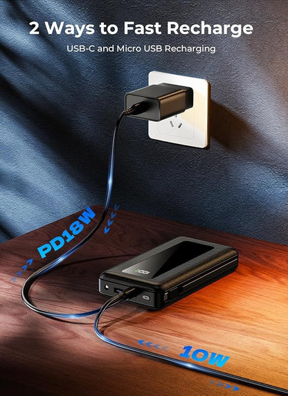 Power Bank, 50000mAh Portable Charger, Travel Camping Essential Battery Pack with Built-in Cables, PD 22.5W Fast Charging, Large Capacity Portable Phone Charger, Jet Black