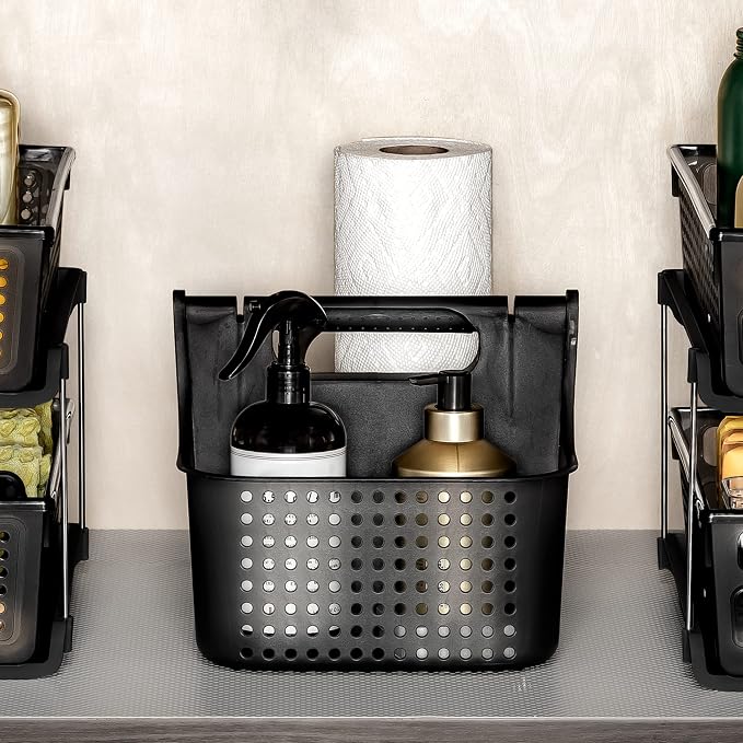 madesmart Large Portable Shower Caddy, Hold Soap, Shampoo, Hair Supplies and Beauty Products, Cleaning Supplies Organizer for Home, Dorm, Plastic Shower Tote, Soft Handle, Carbon