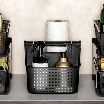 madesmart Large Portable Shower Caddy, Hold Soap, Shampoo, Hair Supplies and Beauty Products, Cleaning Supplies Organizer for Home, Dorm, Plastic Shower Tote, Soft Handle, Carbon