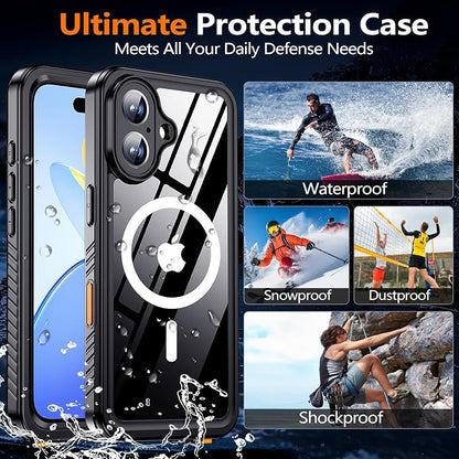 xiwxi for iPhone 16 Case Waterproof,[IP68 Underwater][Built-in Screen Protector ][Compatible with MagSafe][15FT Military Dropproof][Dustproof] Full Body Shockproof Protective Phone Case 6.1" Black