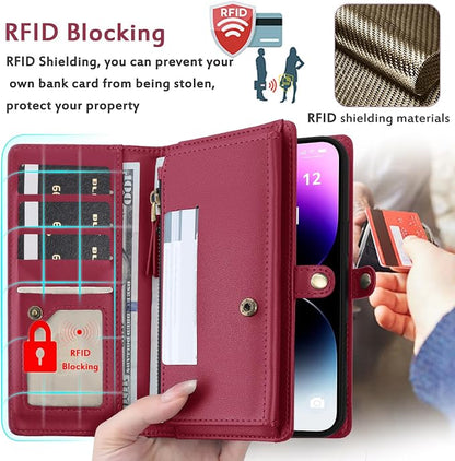 for Wallet Case Compatible with iPhone 14 Pro Max,Multi-Function Detachable 2 in 1 Magnetic iPhone 14 Pro Max Case Wallet,Flip Strap Zipper Card Holder Phone Case with Shoulder Straps (Red)