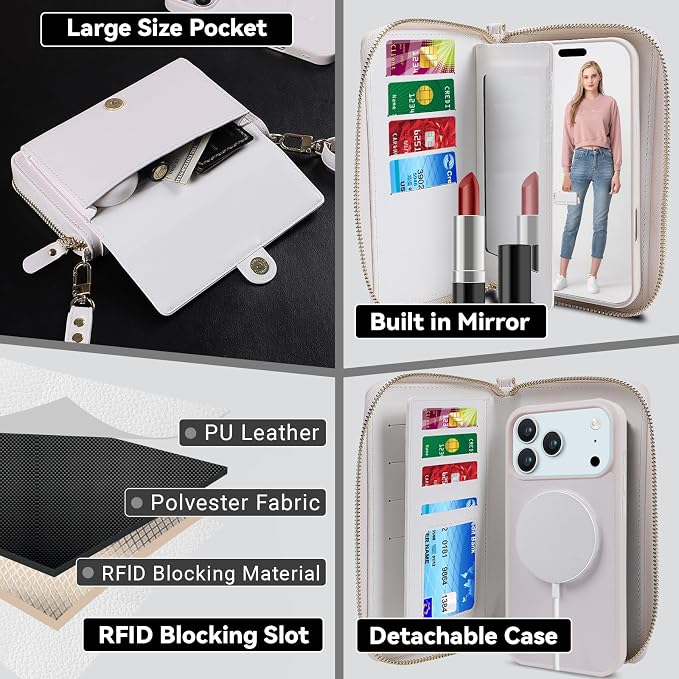 Lacass for iPhone 17 Pro Detachable Crossbody Wallet Case, Compatible with MagSafe Magnetic 2 in 1 RFID Blocking PU Leather Wallet Cover Card Holder Zipper Make Up Mirror (White)