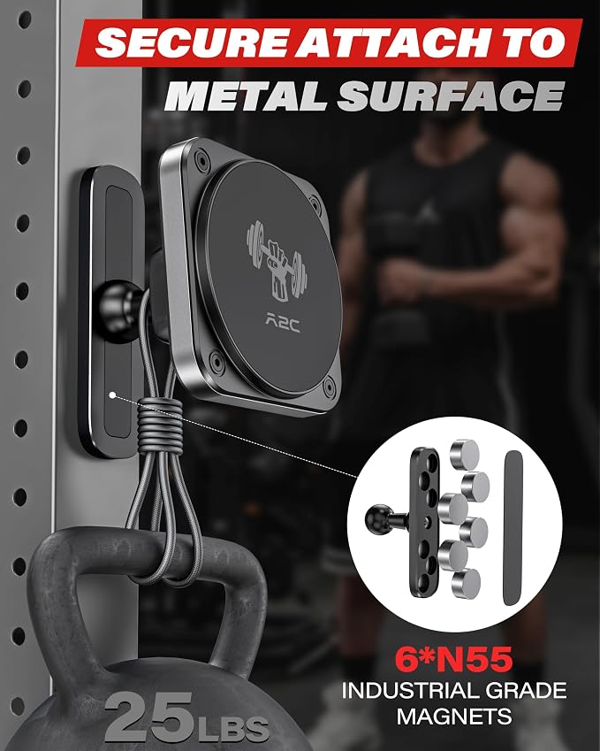 A2C Magnetic Phone Holder for Gym, Aluminum Alloy Base Attach to Metal & Non-Metal Surfaces, Gym Phone Mount for MagSafe iPhone 12-17 Series, Ideal Gym Essentials for Workouts Recording