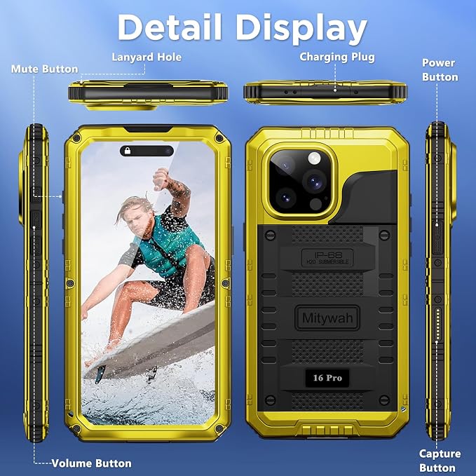 Mitywah Waterproof Case for iPhone 16 Pro, Shockproof Heavy Duty Case with Built-in Screen Protector, Underwater Full Body Protective Metal Case 6.3 inch, Yellow