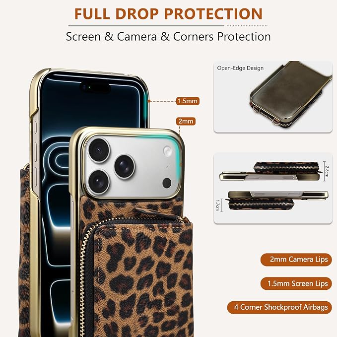 Keallce Wallet Case for iPhone 17 Pro Max 6.9", Crossbody Zipper Purse with Wristlet Strap, 4 Card Slots with RFID Blocking and Kickstand, Electroplated Leather Case for Women (Brown Leopard Print)