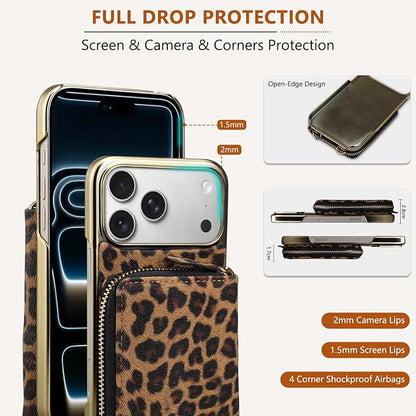 Keallce Wallet Case for iPhone 17 Pro Max 6.9", Crossbody Zipper Purse with Wristlet Strap, 4 Card Slots with RFID Blocking and Kickstand, Electroplated Leather Case for Women (Brown Leopard Print)