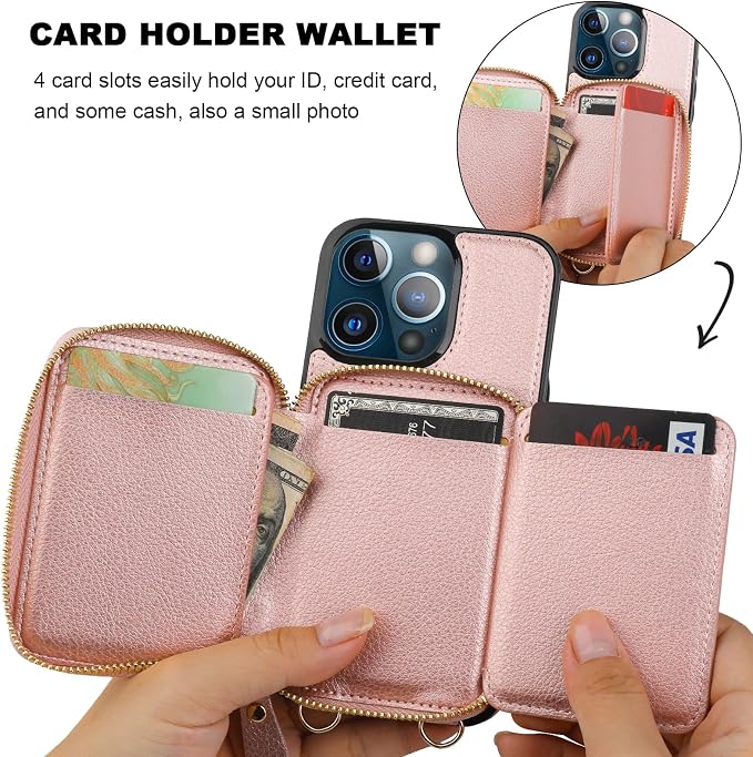 Bocasal RFID Blocking Wallet Case for iPhone 13 Pro, Adjustable Crossbody Zipper Purse Case Card Holder with Kickstand Detachable Wrist Strap, PU Leather Flip Folio Case 6.1 Inch 5G (Rose Gold)