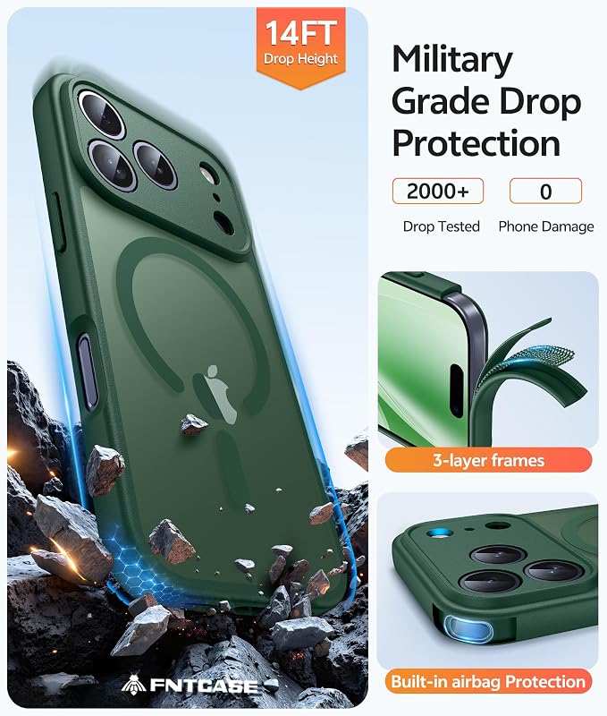 FNTCASE for iPhone 17 Pro Max Case: [Compatible with Magsafe] Translucent Matte Cases with [Full Camera Protection] [Screen Protector] Military Grade Shockproof Protective Phone Cover - Green