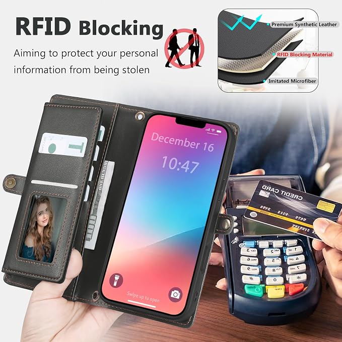 Wallet Case for iPhone 13 Pro Max with Card Holder/Crossbody Wallet/Strap| RFID Blocking | Magnetic | Kickstand | Detachable | PU Leather Phone Case for iPhone 13 Pro Max,6.7 in,Black