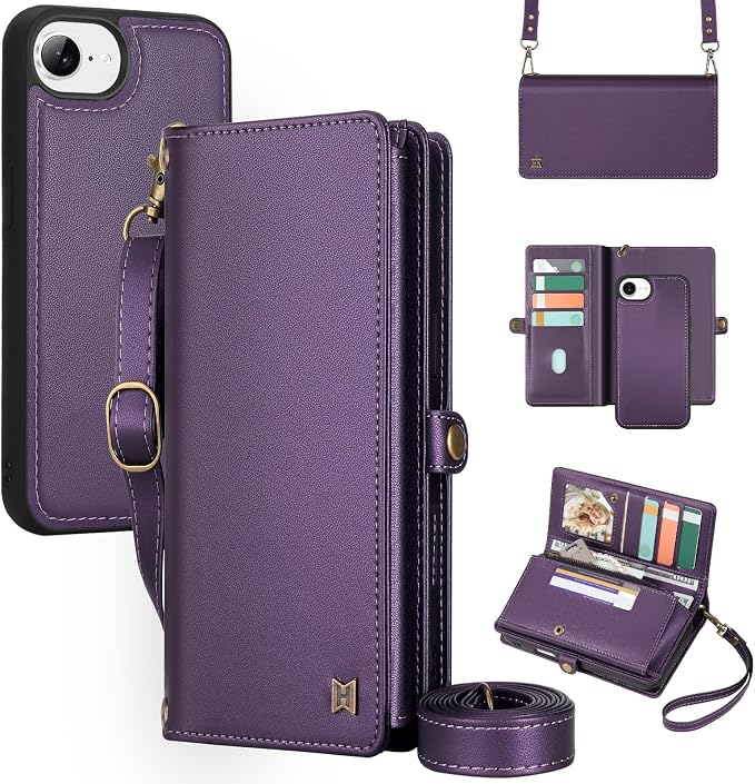 for Wallet Case Compatible with iPhone 16e / 17e ,Multi-Function Detachable 2 in 1 Magnetic iPhone 16e / 17e Case Wallet,Flip Strap Zipper Card Holder Phone Case with Shoulder Straps (Pruple)