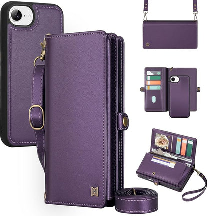 for Wallet Case Compatible with iPhone 16e / 17e ,Multi-Function Detachable 2 in 1 Magnetic iPhone 16e / 17e Case Wallet,Flip Strap Zipper Card Holder Phone Case with Shoulder Straps (Pruple)