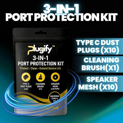 USB C Dust Plug Set 3-in-1 with Cleaning Brush, Phone Speaker Cleaner, Type-C Port Covers, Charging Port Cleaner Tool, iPhone Cleaning Kit & Phone Cleaner Accessories for Ports & Speaker Mesh