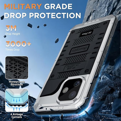 Beasyjoy for iPhone 16 Plus Case Waterproof, Metal Heavy Duty Full Body Protective Case with Built-in Screen Protector, Military Grade Shockproof Dustproof Cover for iPhone 16 Plus 6.7", Silver