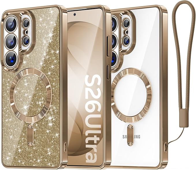 Meifigno Magnetic Case Designed for Samsung Galaxy S26 Ultra 6.9", [Compatible with MagSafe] [Removable Glitter Card & Wrist Strap], Surround Lens Protection Case for Galaxy S26 Ultra, Desert Titanium
