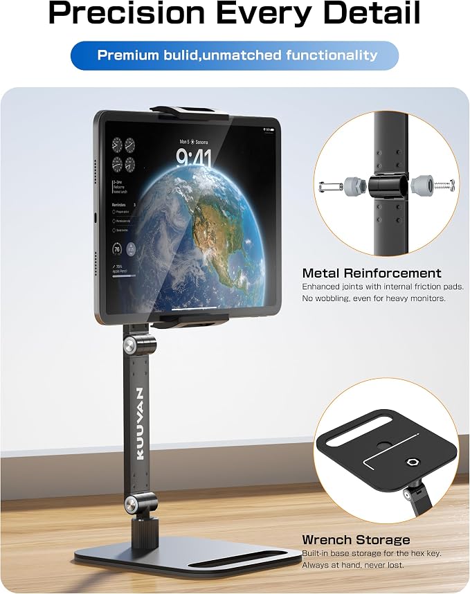 Tablet Stand Holder for iPad, Portable Monitor Stand Holder 15.6'',16'', Aluminum Alloy Foldable Arm Mount with 360° Swivel Desk Mount Compatible with 4.7-16inch Tablet, Cell Phone (Black)