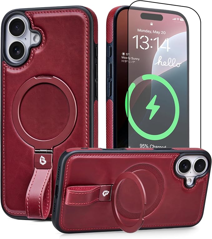 for iPhone 17 Leather Case with Stand, Anti-Slip Grip Ring, Fits for MagSafe (Burgundy, iPhone 17)