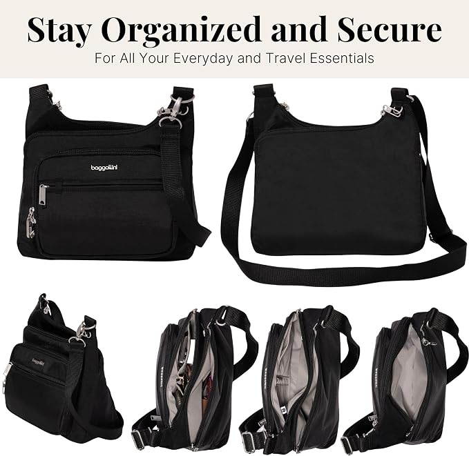 Baggallini Securtex Anti-theft Crossover Crossbody Bag 11”w X 8.5”h, Rfid, Built-in Wallet, Locking Zippers