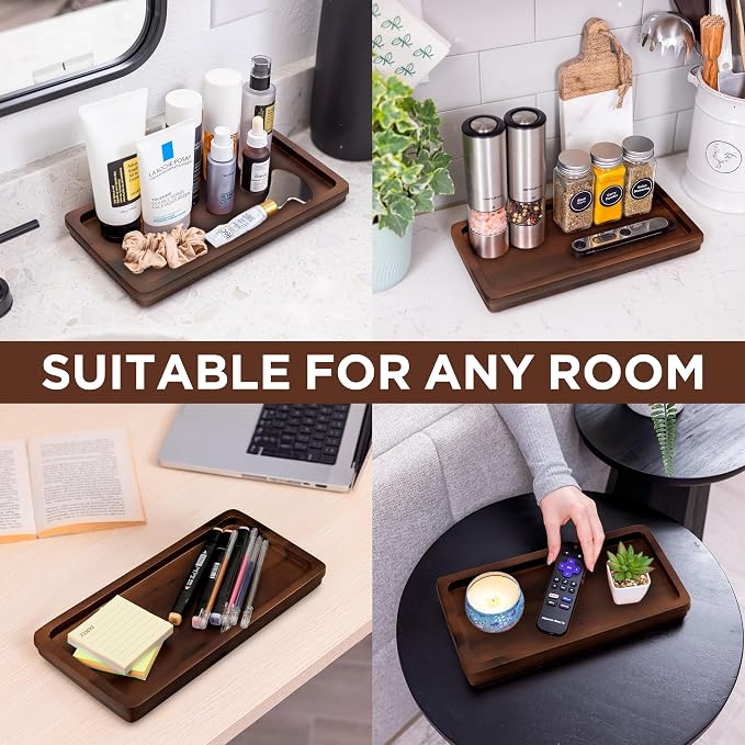 Bathroom Vanity Tray 11.8x5.9in of Acacia Wood - Elegant Organizer for Cosmetics, Jewelry, Perfume, Candle, Key - Premium Wood Tray for Bathroom, Kitchen, Countertop, Toilet Tank, Sink (Dark Brown)