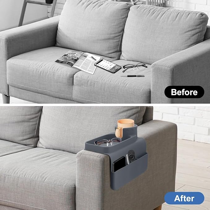 Silicone Couch Cup Holder, Anti-Spill Couch Arm Tray with Side Pockets, Sofa Armrest Tray, Couch Caddy for Drinks, Coffee, Snacks, Cellphone, Remote, Headphones, Glasses(Gray)