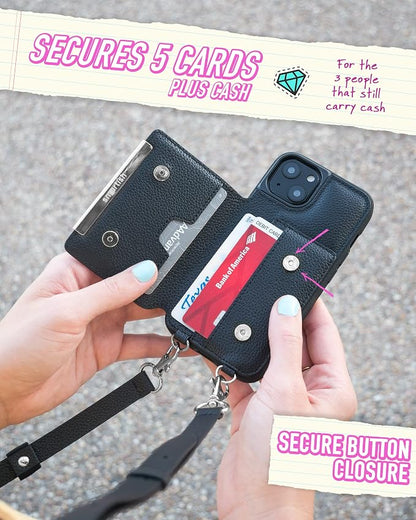 Smartish iPhone 13 Crossbody Wallet Case for Women - Dancing Queen [Purse/Clutch with Detachable Strap & Wristlet] Protective Cover with Credit Card Holder - Stiletto Black-Silver