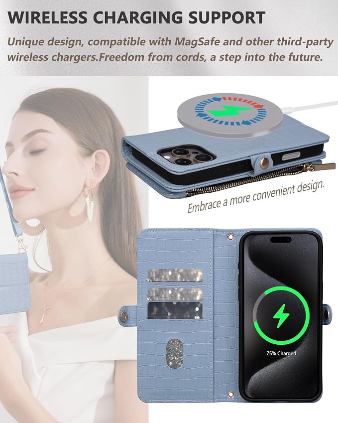Crossbody Wallet Case for iPhone 16 Pro with Mirror, Wrist Strap, Zipper Purse Magnetic Flip RFID Blocking Card Holder, Wireless Charging, PU Leather Shockproof 6.3" Women (Blue)