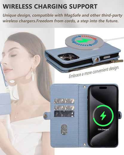 Crossbody Wallet Case for iPhone 16 Pro with Mirror, Wrist Strap, Zipper Purse Magnetic Flip RFID Blocking Card Holder, Wireless Charging, PU Leather Shockproof 6.3" Women (Blue)