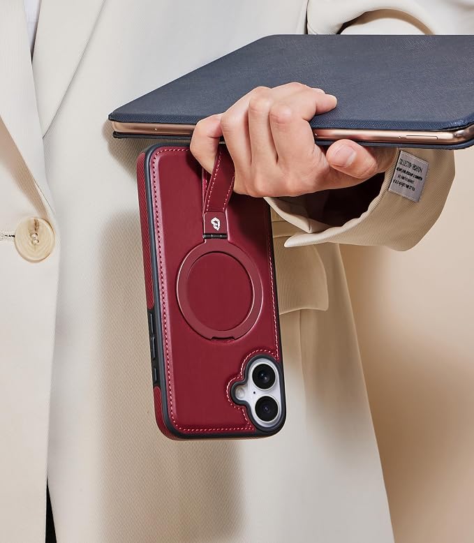 for iPhone 17 Leather Case with Stand, Anti-Slip Grip Ring, Fits for MagSafe (Burgundy, iPhone 17)