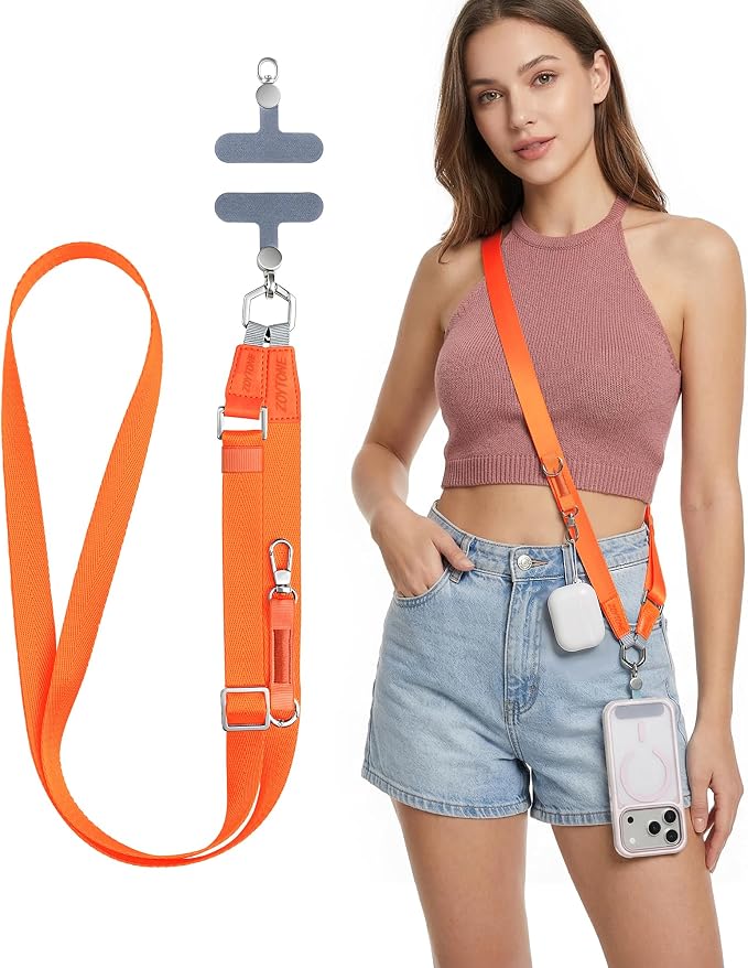 Phone Lanyard Crossbody with 2 Phone Tabs, Adjustable Anti Theft Phone Strap for iPhone & Android, Universal Skin-Friendly Cell Phone Neck Lanyard for Travel Hiking Cycling Shopping (Orange)