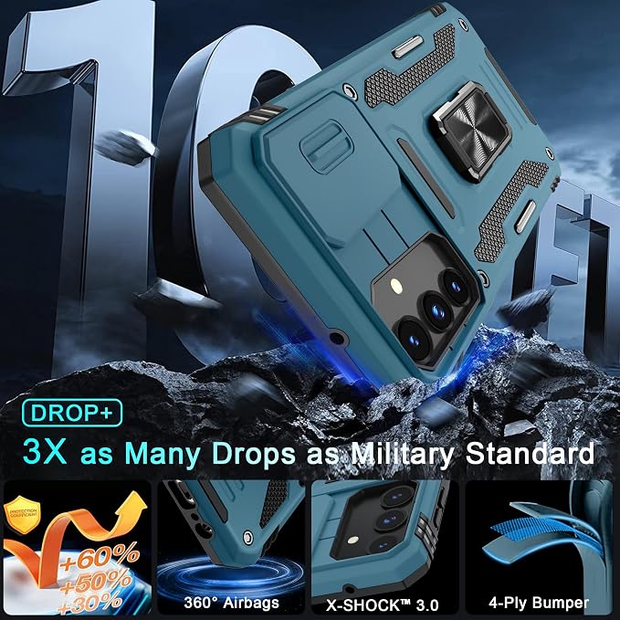 DEERLAMN Case for Samsung Galaxy A15 5G with Slide Camera Cover+Screen Protector (1 Pack), Rotated Ring Kickstand Military Grade Shockproof Protective Cover-Light Blue