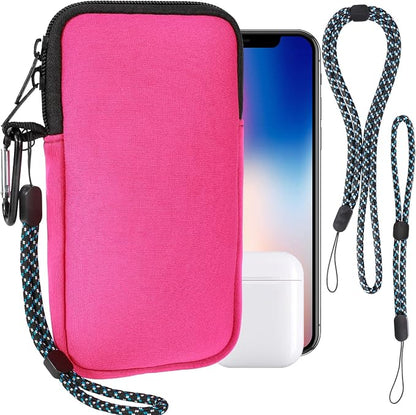 Pwsap Phone Sock, Universal Shock & Impact Resistant Neoprene Pouch with Carabiner and Lanyard Strap Sleeve Case for Hiking & Travelling Phone Bag Fits Phones up to 7 Inches, Rose Pink, M