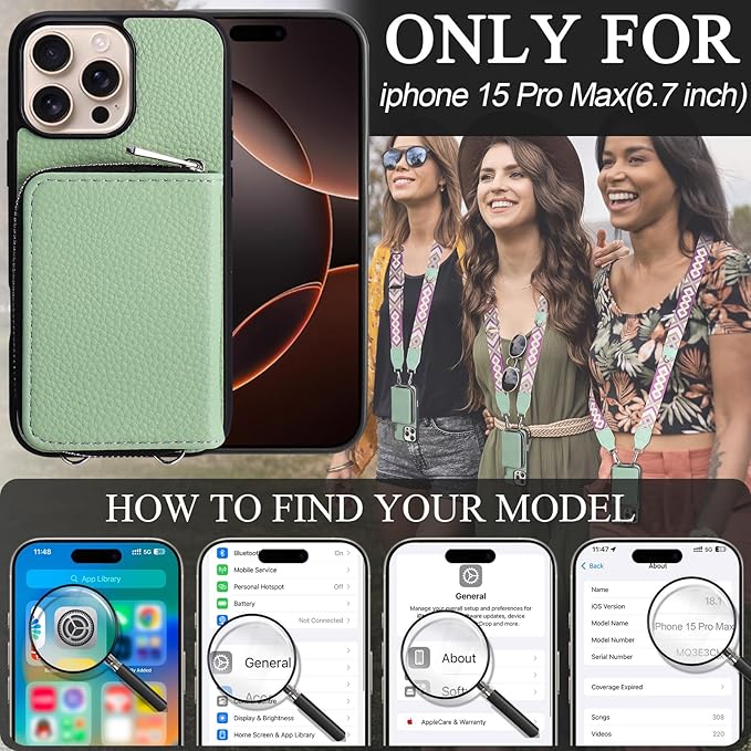 XANGNIER Wallet Case for iPhone 15 Pro Max, RFID Blocking PU Leather Crossbody Phone Purse with Card Holder, Zipper Pocket, Wrist Strap & Adjustable Lanyard for Women 6.7" 5G, Green