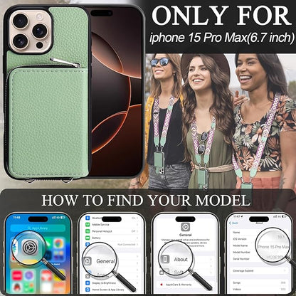 XANGNIER Wallet Case for iPhone 15 Pro Max, RFID Blocking PU Leather Crossbody Phone Purse with Card Holder, Zipper Pocket, Wrist Strap & Adjustable Lanyard for Women 6.7" 5G, Green