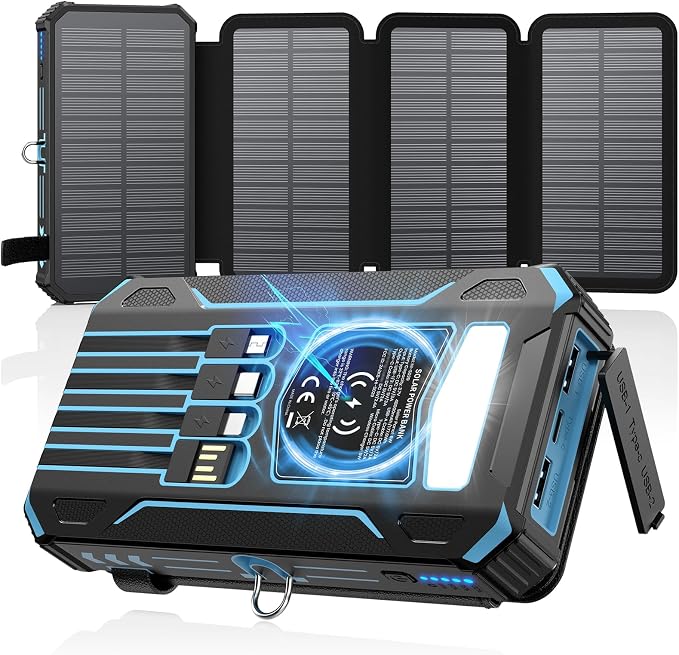 SOARAISE Solar Charger Power Bank - 48000mAh Wireless Portable Charger Built-in 4 Cables and 4 Solar Panels, PD QC 3.0 Fast Charging USB C Battery Pack with Flashlight for Camping Travel (Blue)