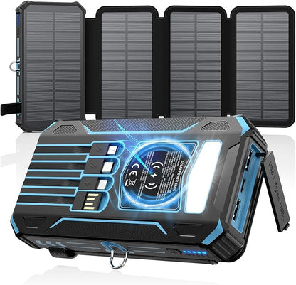 SOARAISE Solar Charger Power Bank - 48000mAh Wireless Portable Charger Built-in 4 Cables and 4 Solar Panels, PD QC 3.0 Fast Charging USB C Battery Pack with Flashlight for Camping Travel (Blue)