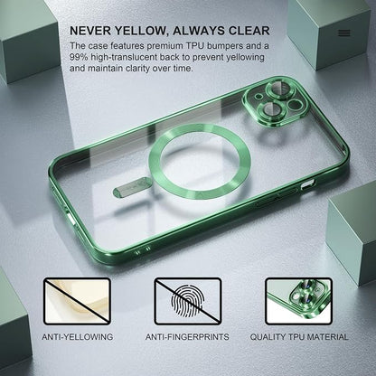 Misea Magnetic for iPhone 15 Plus Case Compatible with MagSafe [Never Yellowing] [Military Grade Drop Protection] Full Camera Lens Protector Plating Soft Clear Phone Case for Women, Green