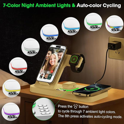 Dual Phone Wireless Charging Station for Apple Devices, Magnetic Charging Station for iPhone with Auto Switch 7-Color Light&Clock, Family Watch Charger for iPhone17 for iWatch11 for AirPods Pro3(Snow)