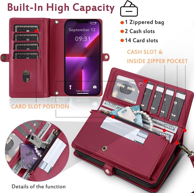for Wallet Case Compatible with iPhone 13 Pro Max,Multi-Function Detachable 2 in 1 Magnetic iPhone 13 Pro Max Case Wallet,Flip Strap Zipper Card Holder Phone Case with Shoulder Straps (Red)