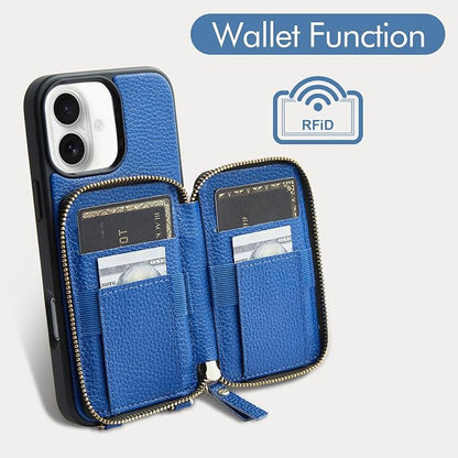 ZVE for iPhone 16 Wallet Case, Leather Zipper Wallet Case Protective Handbag Flip Phone Cover with Crossbody Wrist Strap for iPhone 16 6.1" Navy Blue