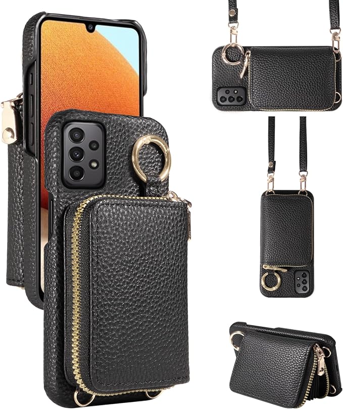 Wallet Case for Samsung Galaxy A32 5G 2021 6.5 inch with Shoulder Strap Ring Buckle, Zipper Flip Organ Purse, Credit Card Holder Stand Phone Cover for M32 G5 A 32 32A S32 SM-A326U A326U Black