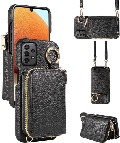 Wallet Case for Samsung Galaxy A32 5G 2021 6.5 inch with Shoulder Strap Ring Buckle, Zipper Flip Organ Purse, Credit Card Holder Stand Phone Cover for M32 G5 A 32 32A S32 SM-A326U A326U Black