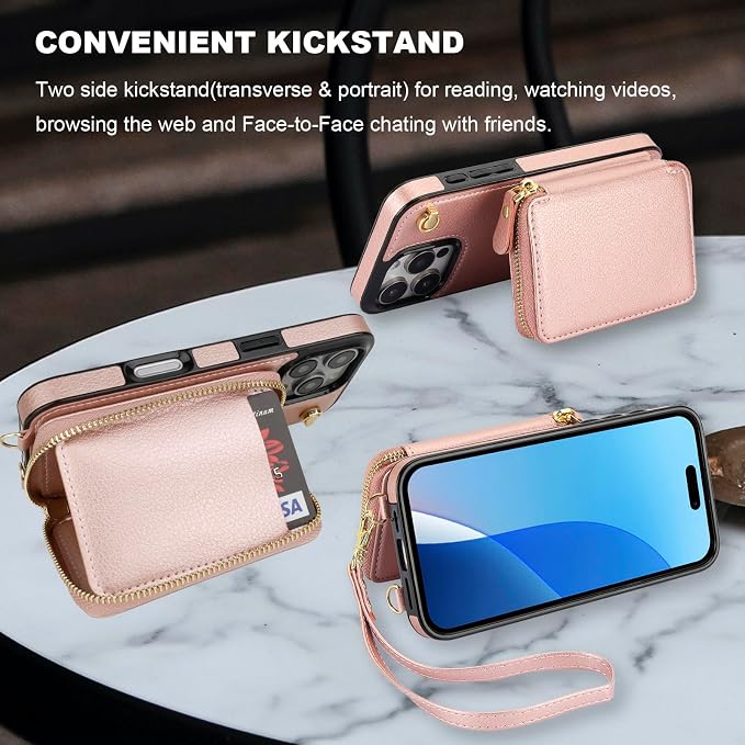 Bocasal for MagSafe Crossbody Wallet Case Compatible with iPhone 16 Pro, RFID Blocking Protective Purse Case with Card Slots Holder Kickstand Wrist Strap Lanyard Zipper 6.3 Inch 5G (Rose Gold)