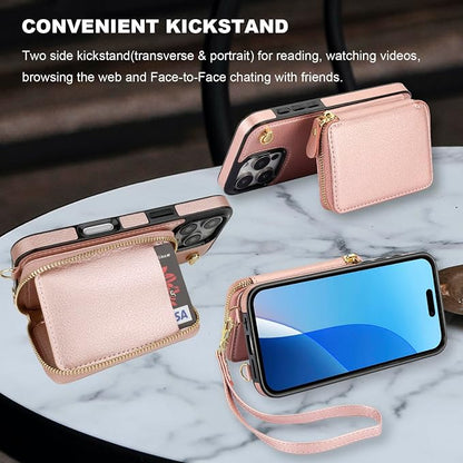 Bocasal for MagSafe Crossbody Wallet Case Compatible with iPhone 16 Pro, RFID Blocking Protective Purse Case with Card Slots Holder Kickstand Wrist Strap Lanyard Zipper 6.3 Inch 5G (Rose Gold)