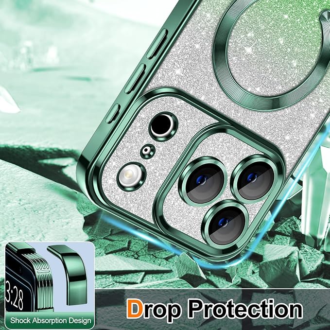 Hython for iPhone 17 Pro Case Glitter Clear Magnetic Phone Cases [Compatible with MagSafe] Full Camera Lens Protector Sparkle Luxury Plating Slim Shockproof Protective Cover Women, Gradient Green